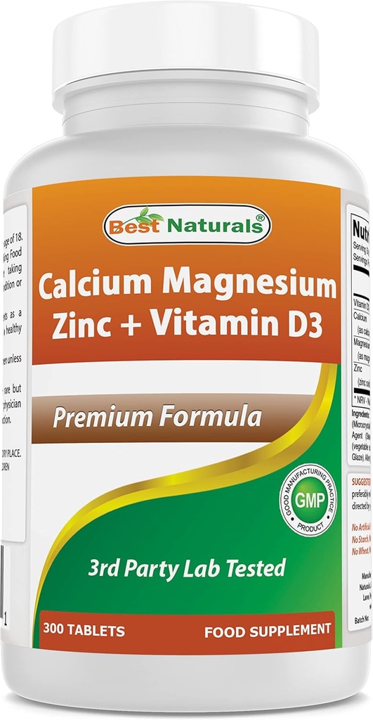 Bedste Naturals Calcium Magnesium Zink med D3- vitamin, 300 tabletter - Calcium 1000 mg, Magnesium 400 mg, Zink 25 mg & D3 600 IE per servering (3 tabletter)