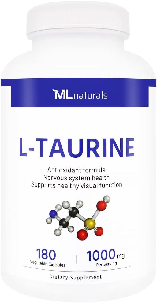 ML Naturals L- Taurine 1000 mg 180 Vegetabilske kapsler. Nervesystemet Sundhed & Antioxidant Support, NSF- Certificeret & cGMP- Compliant.