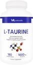ML Naturals L- Taurine 1000 mg 180 Vegetabilske kapsler. Nervesystemet Sundhed & Antioxidant Support, NSF- Certificeret & cGMP- Compliant.