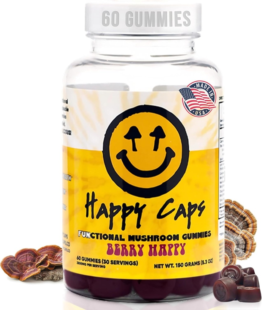 Lions Mane Mushroom Gummies for Relaxation & Wellness Organic Functional Mushroom Blend with Turkey Tail, Reishi, Chaga & Cordyceps - Immune Support - Vegan Supplement - 60 Berry Gummies