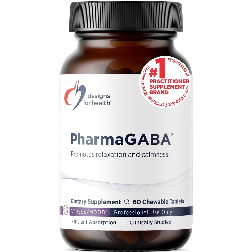 Design til sundhed PharmaGABA Chewable Supplement - 200mg Biotilgængelig GABA Supplement til Stress, Mood, immunforsvar og søvn - Vegan, Gluten Free & Non- GMO (60 tabletter)