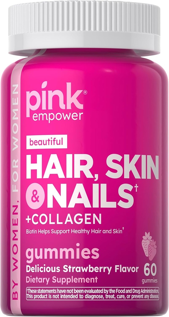 PINK Hår Huder Nails Gummies Mea124; 60 Greve Measures 124; Plus Collagen & Biottin Measures 124; Non- GMO & Gluten Free Vitamin for Women Measures 124; Strawberry Flavor
