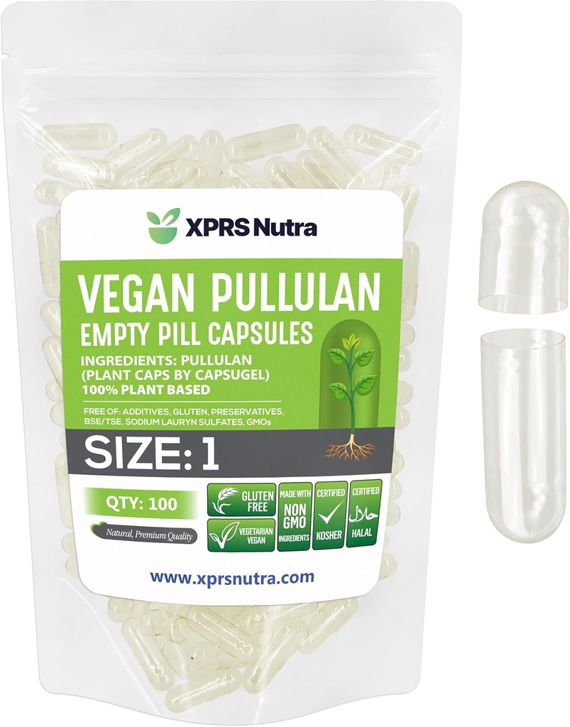 XPRS Nutra Størrelse 1 Pullulan Tomme kapsler - 100 Grev ren etiket Plantcaps Clear Tomme Vegan kapsler - Premium Vegetar piller - Do- It- Yourself Vegetabilske Kapsler Fyldning