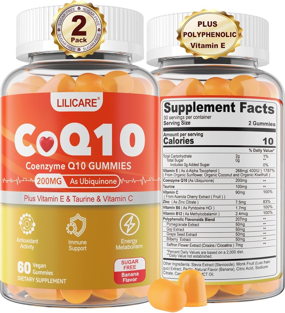 Sugar- Free CoQ10 200mg Gummies - Coenzym Q10 w / Taurine, E-vitamin, C, B6, B12, Zink - High Absorption CoQ10 Supplement for antioxidant, Cellular Energy & Hear- t Health, Vegan 120 C