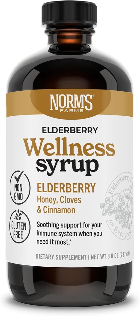Norm 's Farms Wellness Black Elderberry Syrup med honning, kanel & nelliker - Lavet i USA, Naturlig immunforsvar, Ingen Alkohol eller Fillers, Glutenfri, Non- GMO, Vegan, Pure Elderberry Juice Syrup - 8 Oz