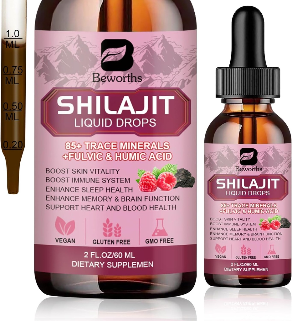 Shilajit Resin Liquid Drops (124; Organic Shilajit 85 + Trace Minerals Complex med Ashwagandha, gurkemeje, Ginseng, Chaga Supplement til fordøjelsesstøtte, Energy Booster - Vegan