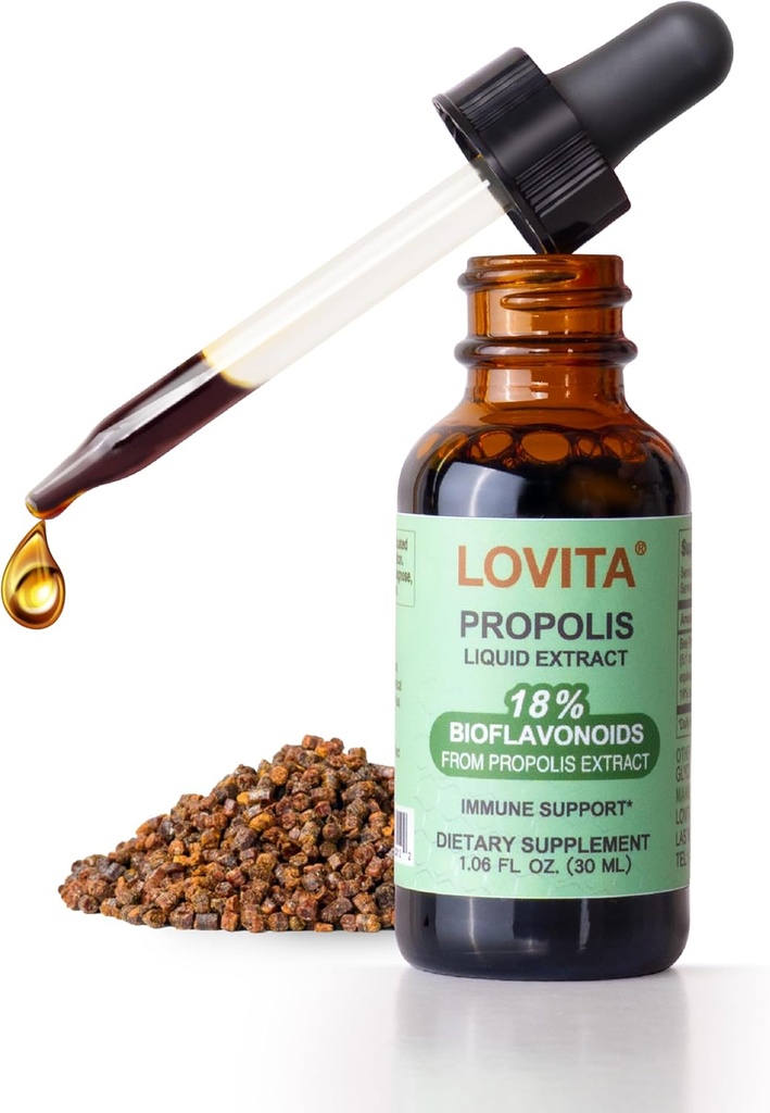 Lovita Bee Propolis Liquid Extract 500mg, 5: 1 Resin Drops med 18% Bioflavonoider, Alkoholfri Antioxidant, Immunstøtte & Halsen Lindrende, Glutenfri, Non- GMO, 1 Fl Oz (30 ml), 30 dages forsyning