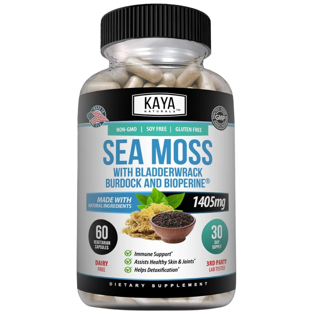 Kaya Naturals Sea Moss - Mobility Supplement for mænd og kvinder - med Burdock Root, Irish Moss, Bladderwrack og BioPerine - for mobilitet sundhed og immunboost, 60 Greve