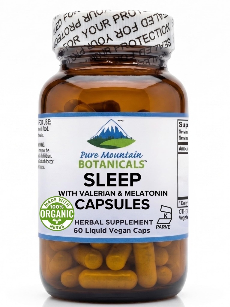 Naturlig søvn med Økologisk Valerian, Kamille, Passionsblomst, Skullcap, Melatonin, Humle & Mere - 60 Veganske kapsler