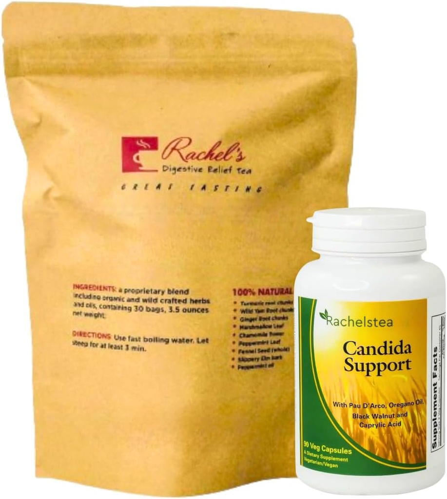 Rachels te og Candida Support: 30 dages levering gurkemeje, Wild Yam, Ingefær, pebermynte, Fennel, Slippery Elm + Candida Support Kapsler