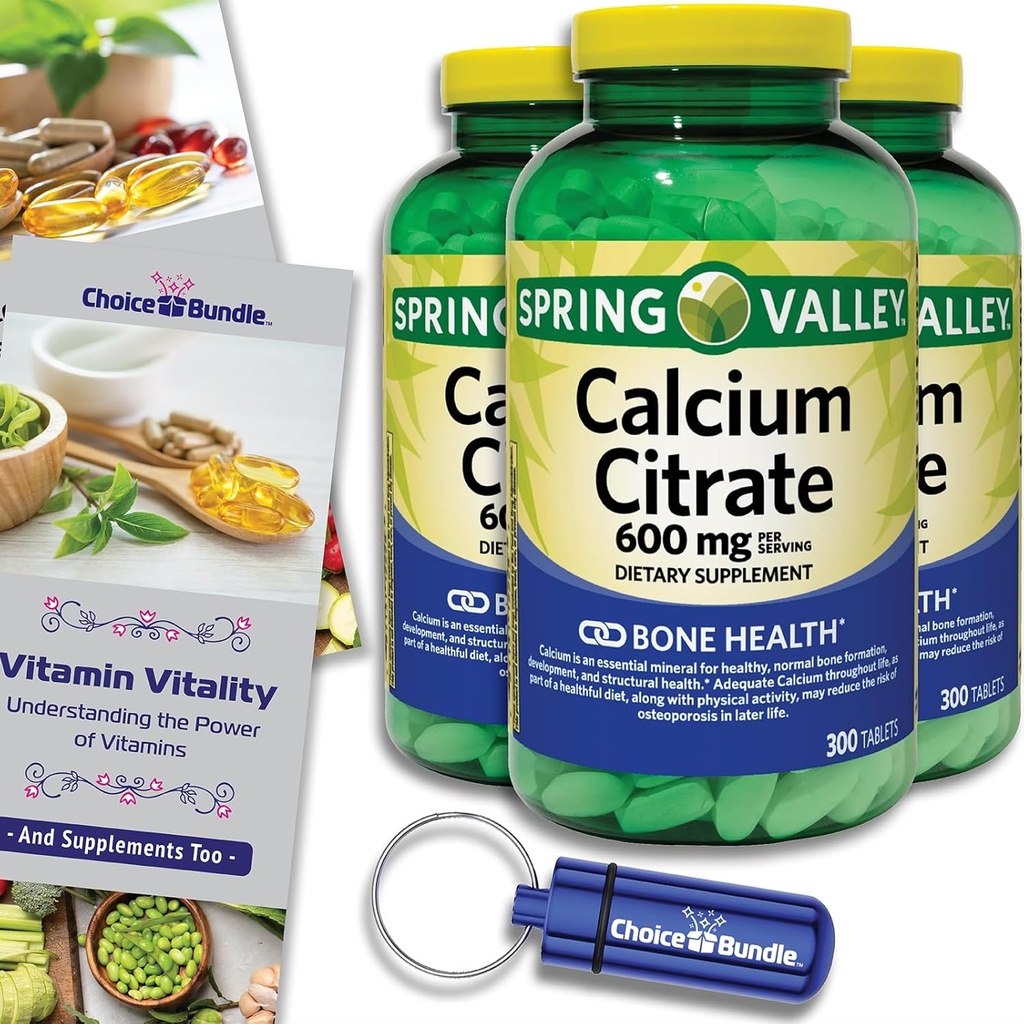 Spring Valley Calcium citrat tabletter Kosttilskud 600 mg 300 Ct 3 stk Choice Bundle (900 i alt) + Vitamin Guide & Pill Container (5 genstande)!