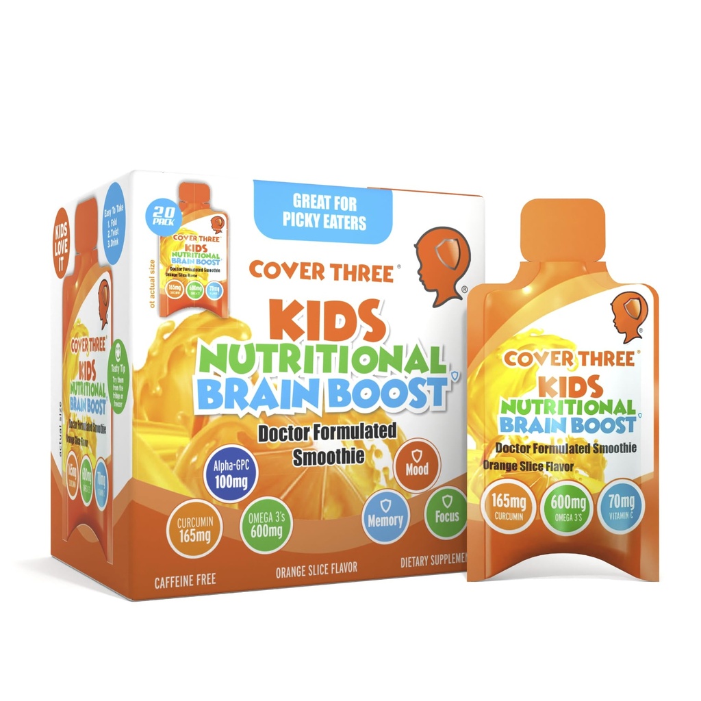 Cover Tre Kosttilskud til børn Brain Supplement Smoothie, Omega 3 Flydende Childrens DHA Fish Oil, Kids Focus og Opmærksomhed, Følelsesmæssig Support, 20 Pouches, Pack 1