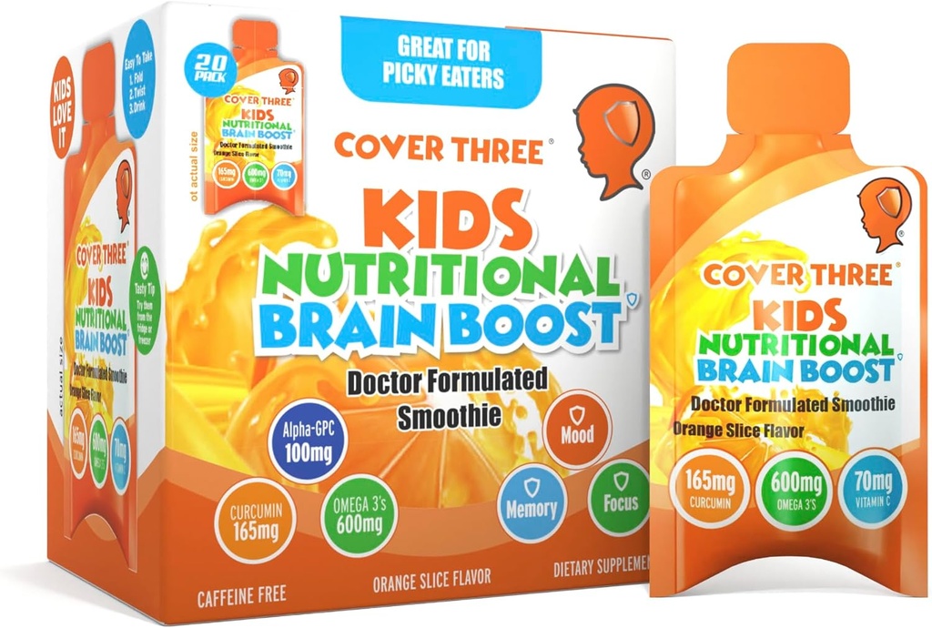 Cover Tre Kosttilskud til børn Brain Supplement Smoothie, Omega 3 Flydende Childrens DHA Fish Oil, Kids Focus og Opmærksomhed, Følelsesmæssig Support, 20 Pouches, Pack 1