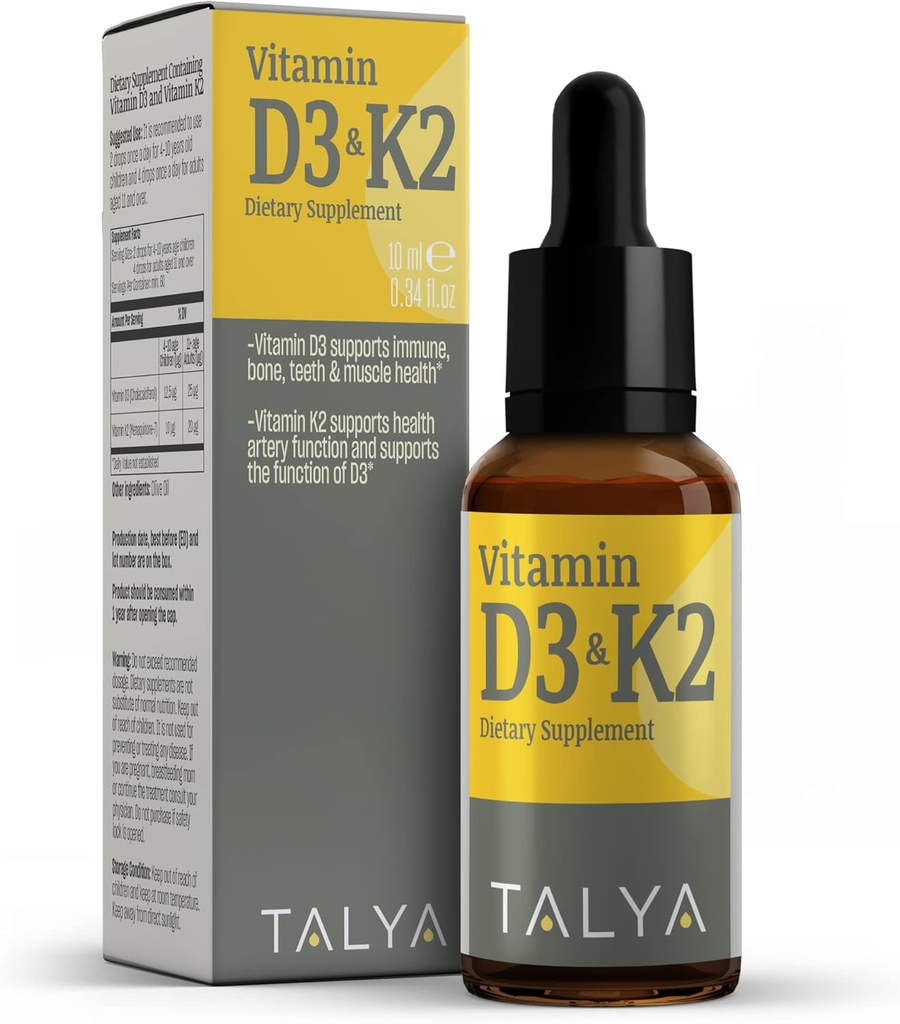 TALYA D3-vitamin & K2; Flydende D3-vitamin med K2 Dryps • 124; 1000 IE • 124; Immunstøtte - Hjælper støtte stærke knogler & sund hjerte • 124; Non- GMO • 124; Vegan • 124; 60 Servering, 0,34 fl.oz
