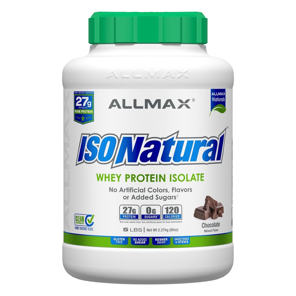 ALLMAX ISONATURAL Whey Protein Isolate, Chokolade - 5 LB - 27 Bedste Protein Per Scoop - Zero Fat & Sugar - 99% laktosefri - med Prebiotika - Ingen kunstige smagsstoffer - Ca. 73 Servering