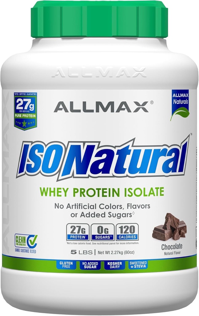 ALLMAX ISONATURAL Whey Protein Isolate, Chokolade - 5 LB - 27 Bedste Protein Per Scoop - Zero Fat & Sugar - 99% laktosefri - med Prebiotika - Ingen kunstige smagsstoffer - Ca. 73 Servering