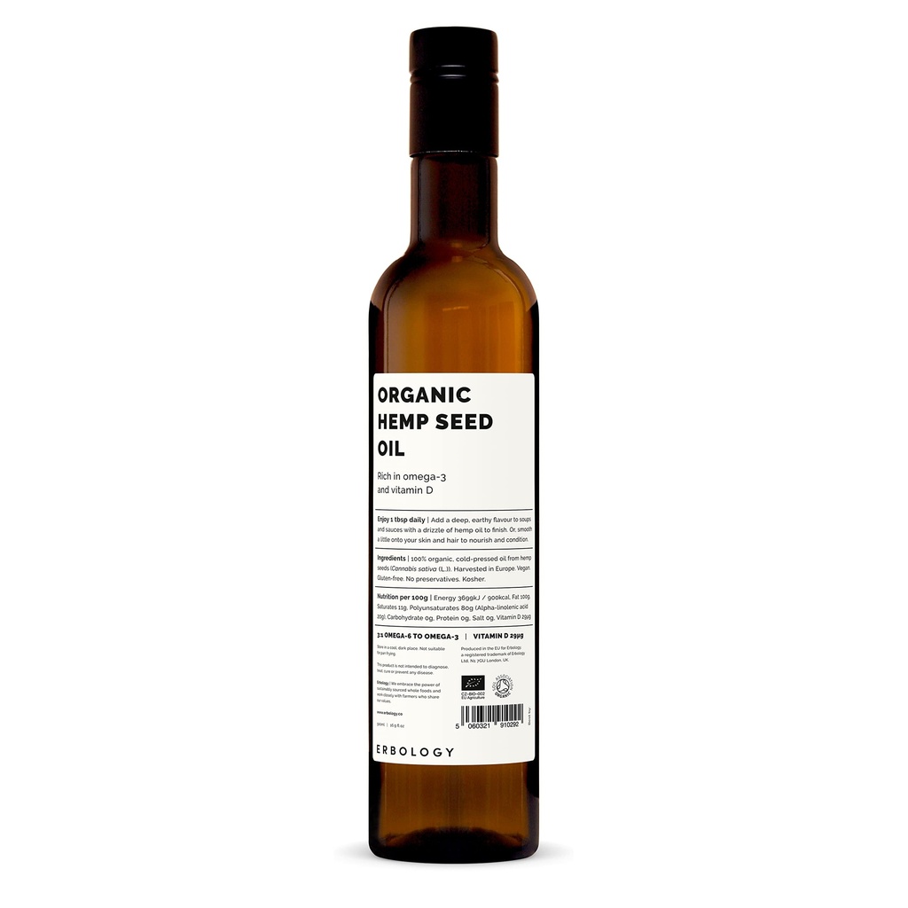 Erbologi Økologisk Hamp Seed Oil 17 fl oz - Cold- Pressed - Rich in Omega-3 - Kilde til D-vitamin - Lige fra gård - ikke-GMO - Ingen tilsætningsstoffer eller konserveringsmidler - Genbrugsglasflaske