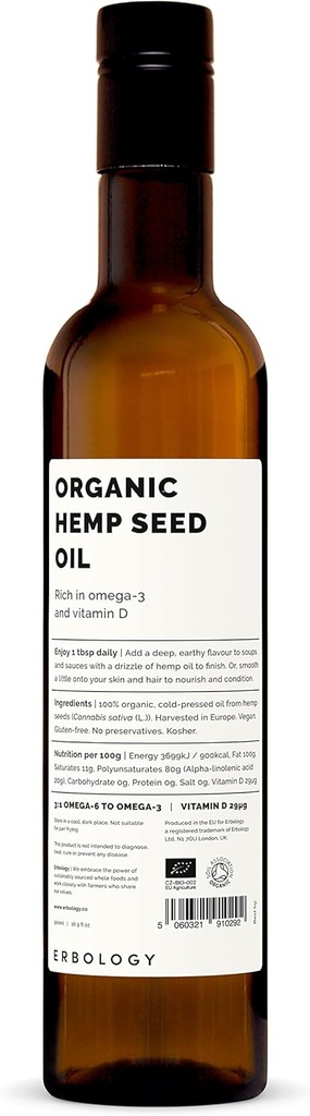 Erbology Organic Hemp Seed Oil 17 fl oz - Cold-Pressed - Rich in Omega-3 - Source of Vitamin D - Straight from Farm - Non-GMO - No Additives or Preservatives - Recyclable Glass Bottle