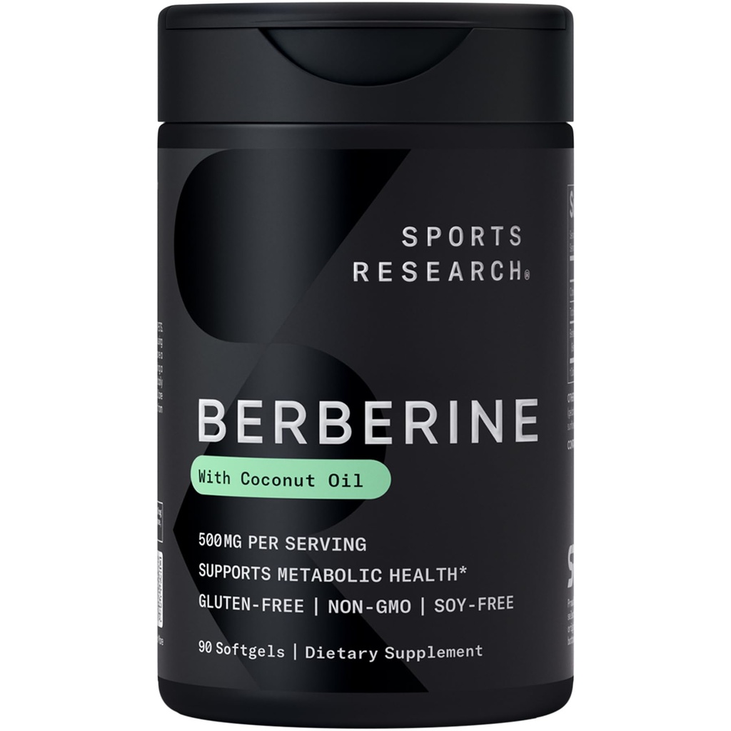 Sports Research Berberine Supplement with Coconut Oil - Herbal & Ayurvedic Metabolic Health Support - Berberine 500mg, 90 Softgels - Gluten-Free, Non-GMO Berberine Powder