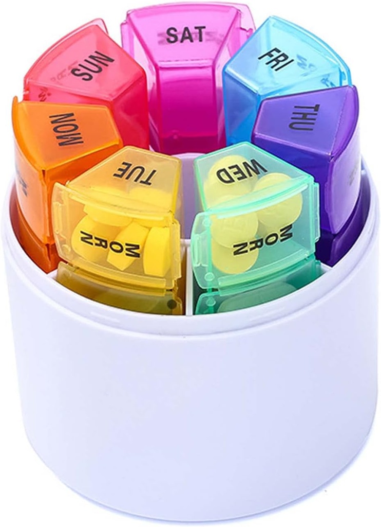 Weekly Pill Manager, 4 Daily Pill Boxes, 7-Day Pill Rack Moisture- Proof, Pill Box Medicin Reminder, Bærbar Vitamin Fish Oil Medication og supplement Container (Cylindrisk Storage)