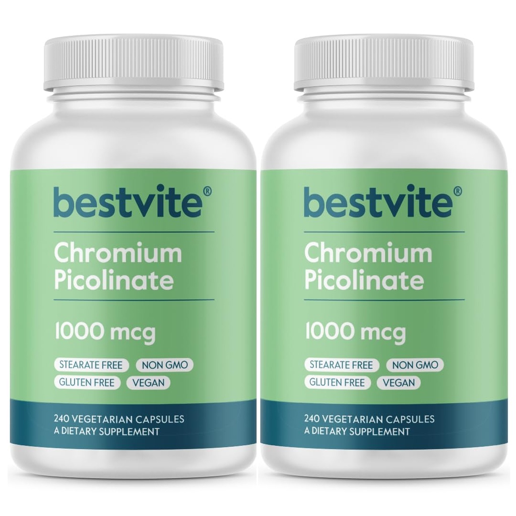 BESTVITE Chrom Picolinate 1000mcg (480 Vegetariske Kapsler) (240 x 2) - Ingen Stearates - Ingen Dicalcium Phosphat - Vegan - Gluten Free - Non-GMO