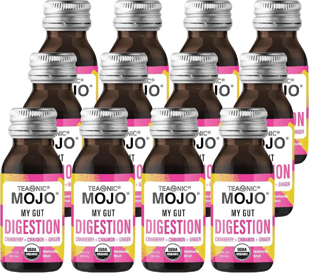 TEAONIC My Gut Mojo: Digest, Detox drikkevarer for bedre fordøjelse, Med Cranberry, Ingefær, Kanel, USDA- Certificeret, Sugar- Free, Caffe- Gratis drikkevarer, 12 flasker, Hver vejer 2 Fl Oz