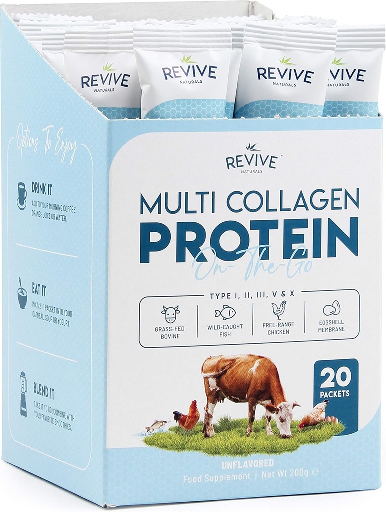 Multi Collagen Protein Powder Pakninger - Type I, II, III, V & X - Hydrolyzed Grass Fed Bovine, Wild fanget fisk, & Free- Range Chicken & Eggshell Collagen. Ikke- GMO, Halal, (10 g Hver, 20 Pakninger)