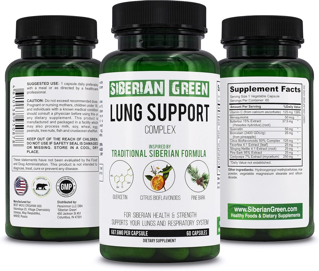 Siberian Green Lung Support Complex 60 Kapsler - Traditional Formel Supplement Rich in Quercetin, Citrus Bioflavonoider, Pine Bark