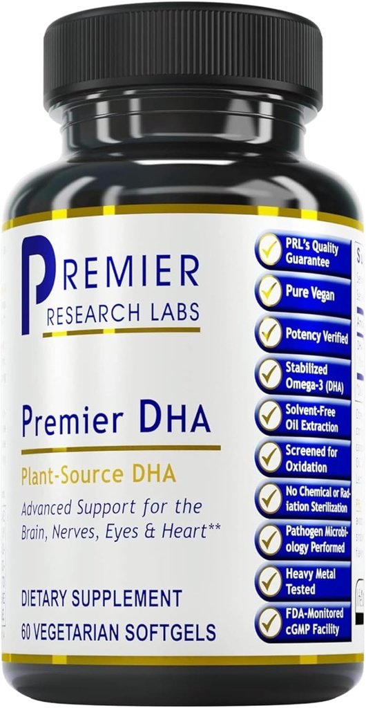 Premier Research Labs Premier DHA - Vegan DHA med Omega 3 Fedtsyrer, Alger baseret DHA for kvinder & mænd, Natural DHA supplement Velegnet til Vegans- 60 Vegetariske Softgel kapsler