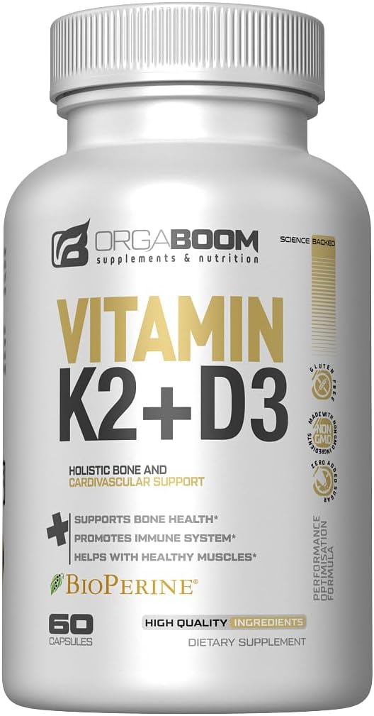 Vitamin D3 K2 Calciumsupplement - D-vitamin 5000 IE + vitamin K2 MK7 100 mcg, Knoglestyrke og hjertesygdomme for kvinder & mænd, D3K2 Tandvitaminer med bioperine, US- Made non-GMO 60 Cap