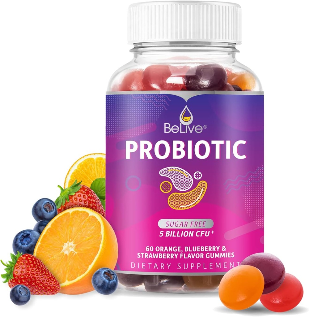 BeLive Probiotiske Gummies - Probiotika med 5 Millioner CFU 'er til fordøjelse, Mænd, Kvinder & Børn - for immunforsvar, Sukker Free & Vegan Budd124; 60 Ct - Blåbær, Jordbær & Orange