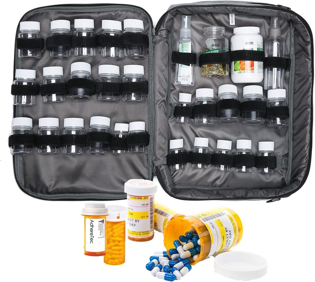 Medicine Bag Pill Flaske Organizer Rejse sag for mænd Kvinder Medication Storage Organisering Prescription Med Manager Vand Flaske Vitamin Transport Sag XL Stor låst Lockable Temmelig Potable