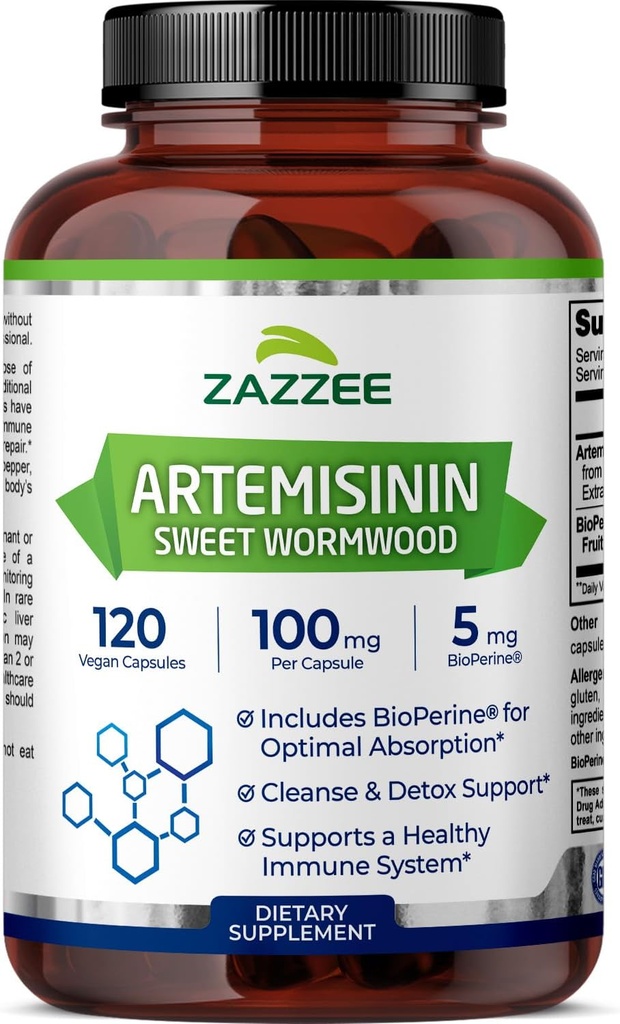 Zazzee High Absorption Artemisinin, 100 mg per kapsel, 120 Vegankapsler, med 5 mg BioPerine til maksimal absorption, Sweet Wormwood Extract, 4 måneder Supply, All- Natural og Non- GMO