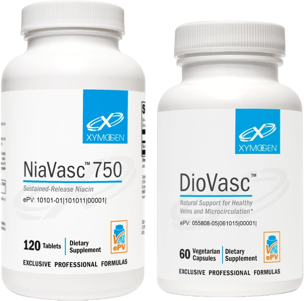XYMOGEN NiaVasc 750 Sustained Release Niacin (120 tabletter) + DioVasc Support for Sunde Veins + Micocirkulation (60 kapsler)
