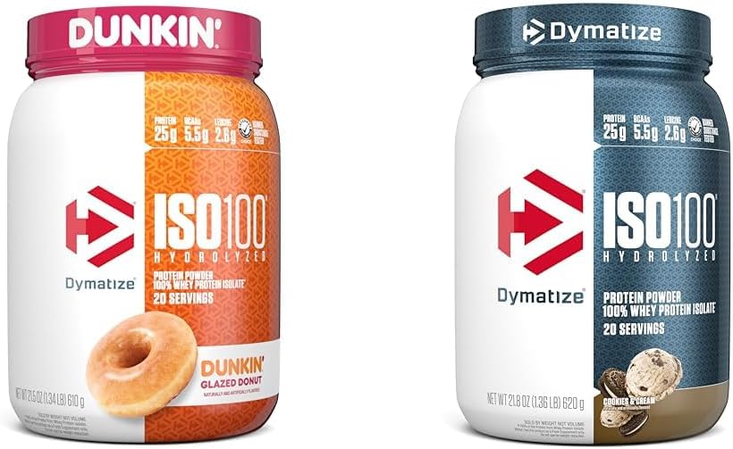 Dymatisere ISO100 Hydrolyzed Protein Powder, 100% Whey Isolate, Dunkin 'Glazed Donut Flavor, 20 Servere & ISO100 Hydrolyzed Protein Powder, 100% Whey Isolate Protein, 25g Protein, 5,5g BCAA