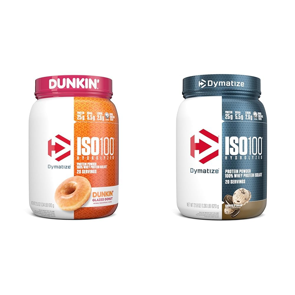 Dymatisere ISO100 Hydrolyzed Protein Powder, 100% Whey Isolate, Dunkin 'Glazed Donut Flavor, 20 Servere & ISO100 Hydrolyzed Protein Powder, 100% Whey Isolate Protein, 25g Protein, 5,5g BCAA