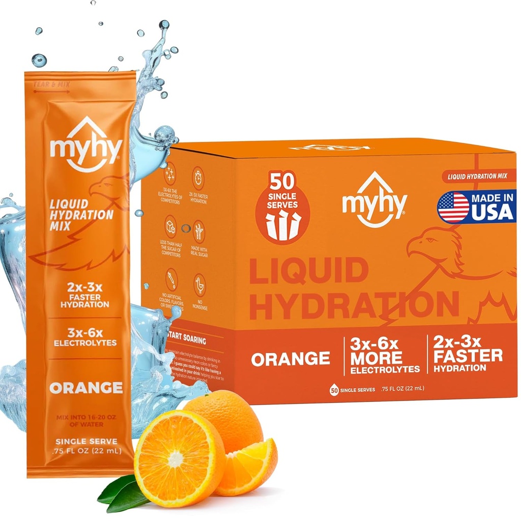 MyHy Liquid Hydration Pakker, Electrolyte Drink Mix til voksne & Børn Hydration Support, Dehydrering Relief til rejser, Graviditet, Fitness, Bachelor & Bachelorette Party - Orange, 50 Greve
