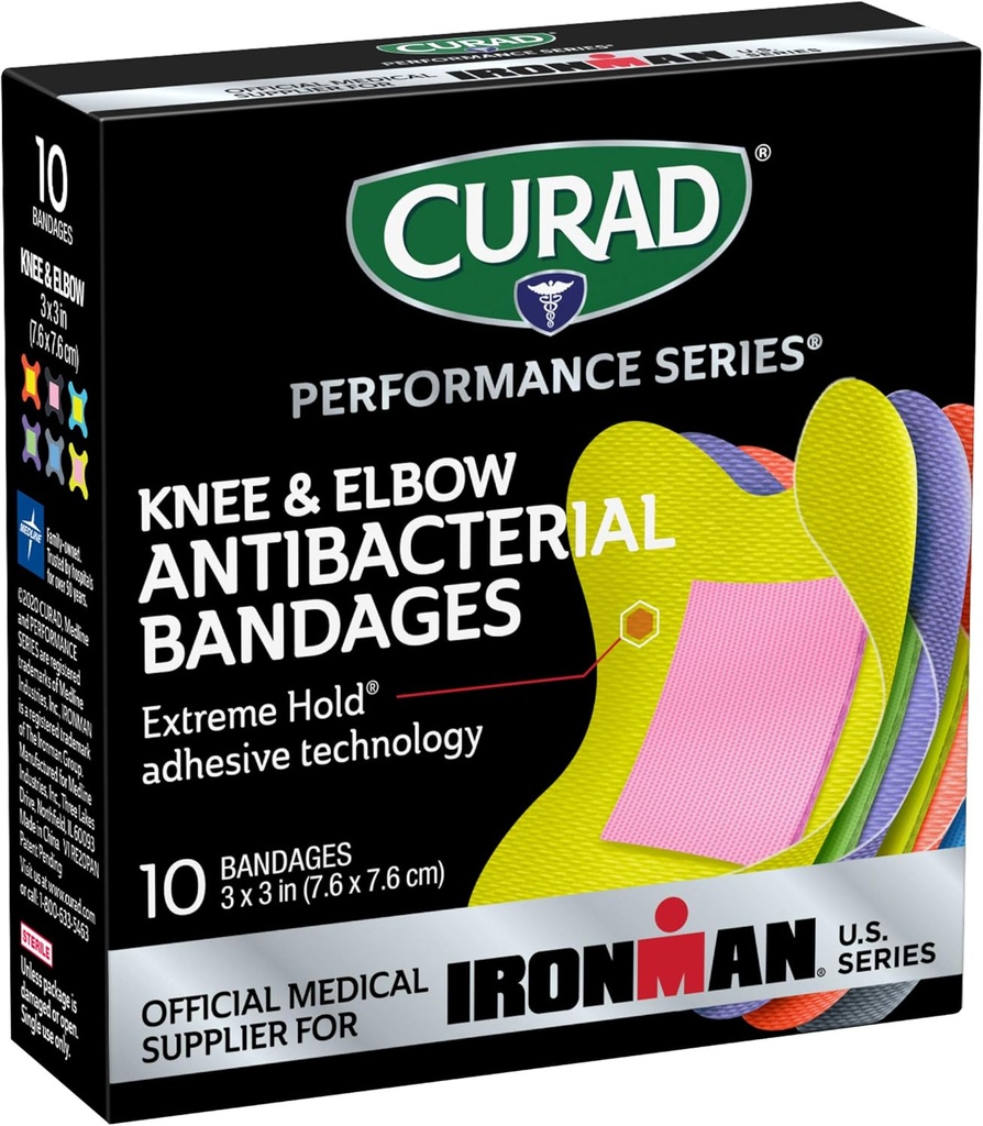CURAD Performance Series IRONMAN Antibakterielle Bandager, Extreme Hold Adhesive Technology, Knee & Elbow 3 inches x 3 inches, 10 Greve, Ideel til cuts, Scrapes, Sport, og aktive livsstil
