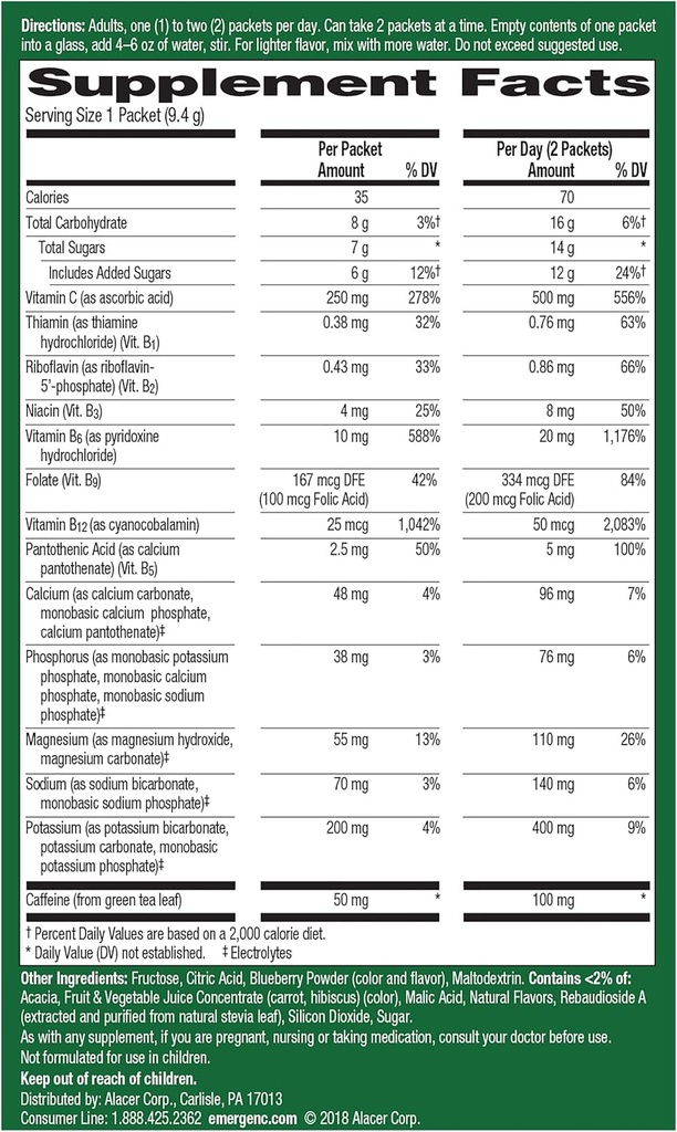 Emergen- C Energy +, Med B Vitaminer, C-vitamin og naturlig koffein fra grøn te (Blåbær Acai Flavor) Kosttilskud drik mix, 0,33 Ounce pulver pakker (pakke med 18)