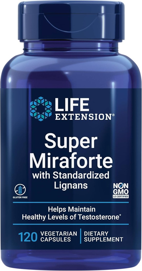 Life Extension Super Miraforte med Standardized Lignans, chrysin, Nettle Root, Muira puama, maca, zink, Focused Formel for Testosteron Fordele, Vegetar, Gluten- Free, Non-GMO, 120 Kapsler