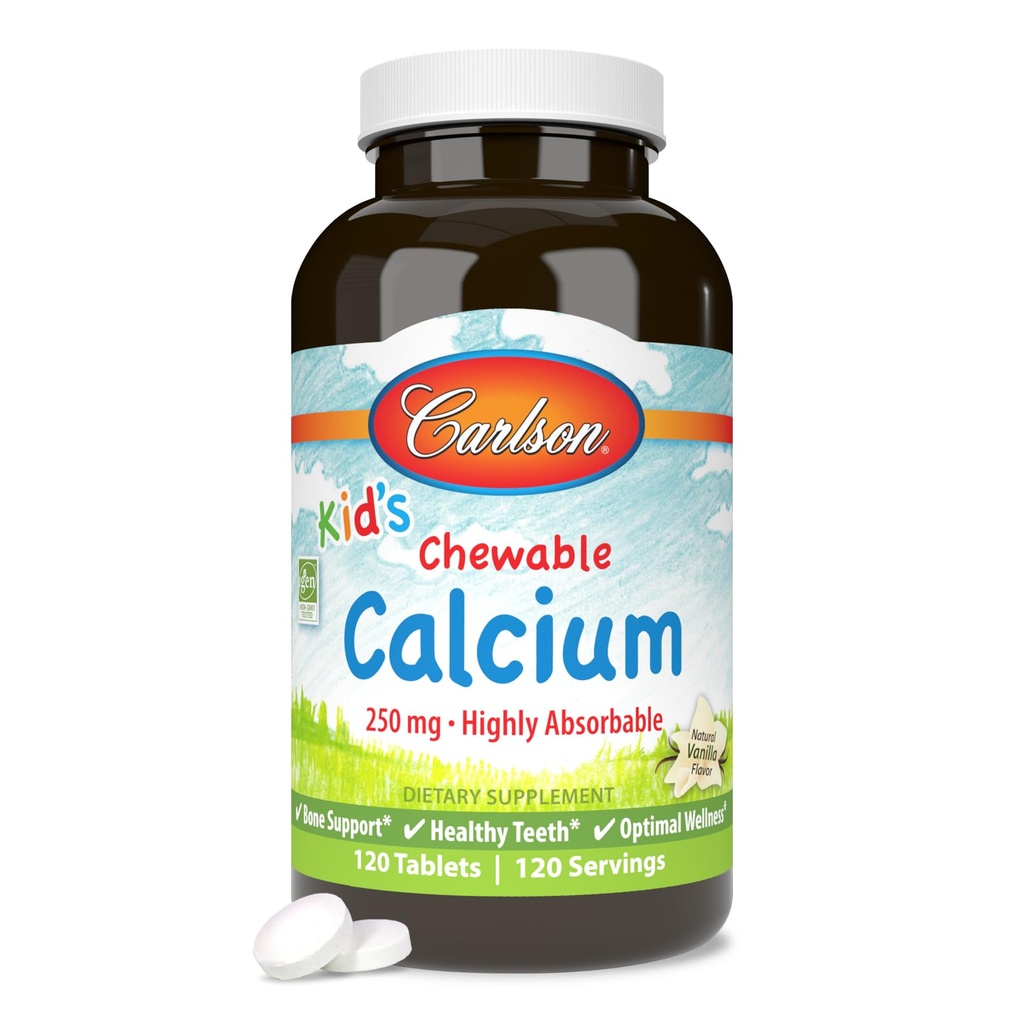 Carlson - Kid 's Chewable Calcium, 250 mg, Meget Absorbable, Bone & Tandstøtte, Optimal Wellness, Natural Vanilla Flavor, 120 tabletter