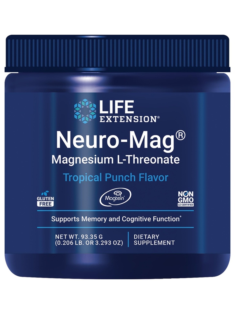 Life Extension Neuro- Mag Magnesium L- Threonate Powder (Tropical Punch) - Ultra-Absorbable Magnesium - Understøtter hukommelse, fokus, kognitiv funktion & Mood - Gluten fri, ikke-GMO, Vegetar (30 Servere)
