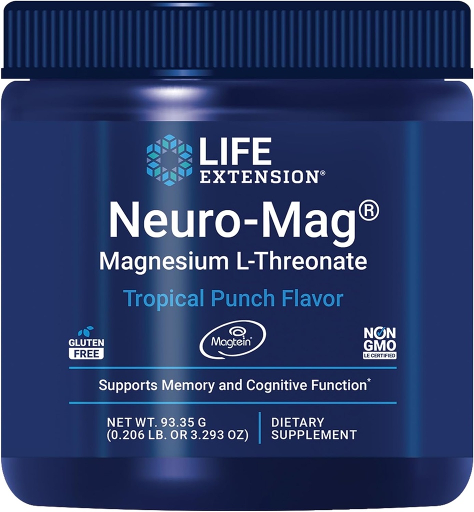 Life Extension Neuro- Mag Magnesium L- Threonate Powder (Tropical Punch) - Ultra-Absorbable Magnesium - Understøtter hukommelse, fokus, kognitiv funktion & Mood - Gluten fri, ikke-GMO, Vegetar (30 Servere)