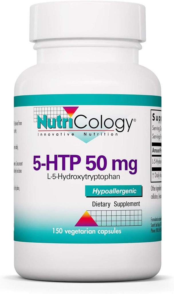 Nutricology 5- HTP 50mg Supplement - Serotonin til mænd og kvinder, Sleep Support, L- 5- Hydroxytryptophan, Pure, Vegetariske Kapsler - 150 Tæl