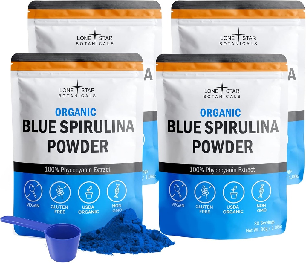 Organic Blue Spirulina Powder, 120 Servering - 100% Pure Superfood Blue- Green Algae, Natural Food Coloring for Smoothies & Protein Drinks - Ikke GMO, Gluten- Free, Vegan + USDA Certified, No Fishy Smell