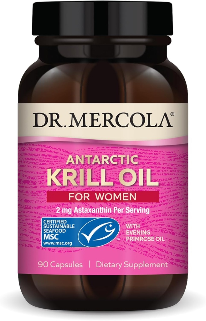 Dr. Mercola Krill Oil for Women - 2 mg Astaxanthin - MSC Certified Sustainable - Understøtter hjerne, hud og immunsystemer - med Omega- 3s - Non- GMO, Gluten- Free & Soy- Free - 90 kapsler (30 Servere)
