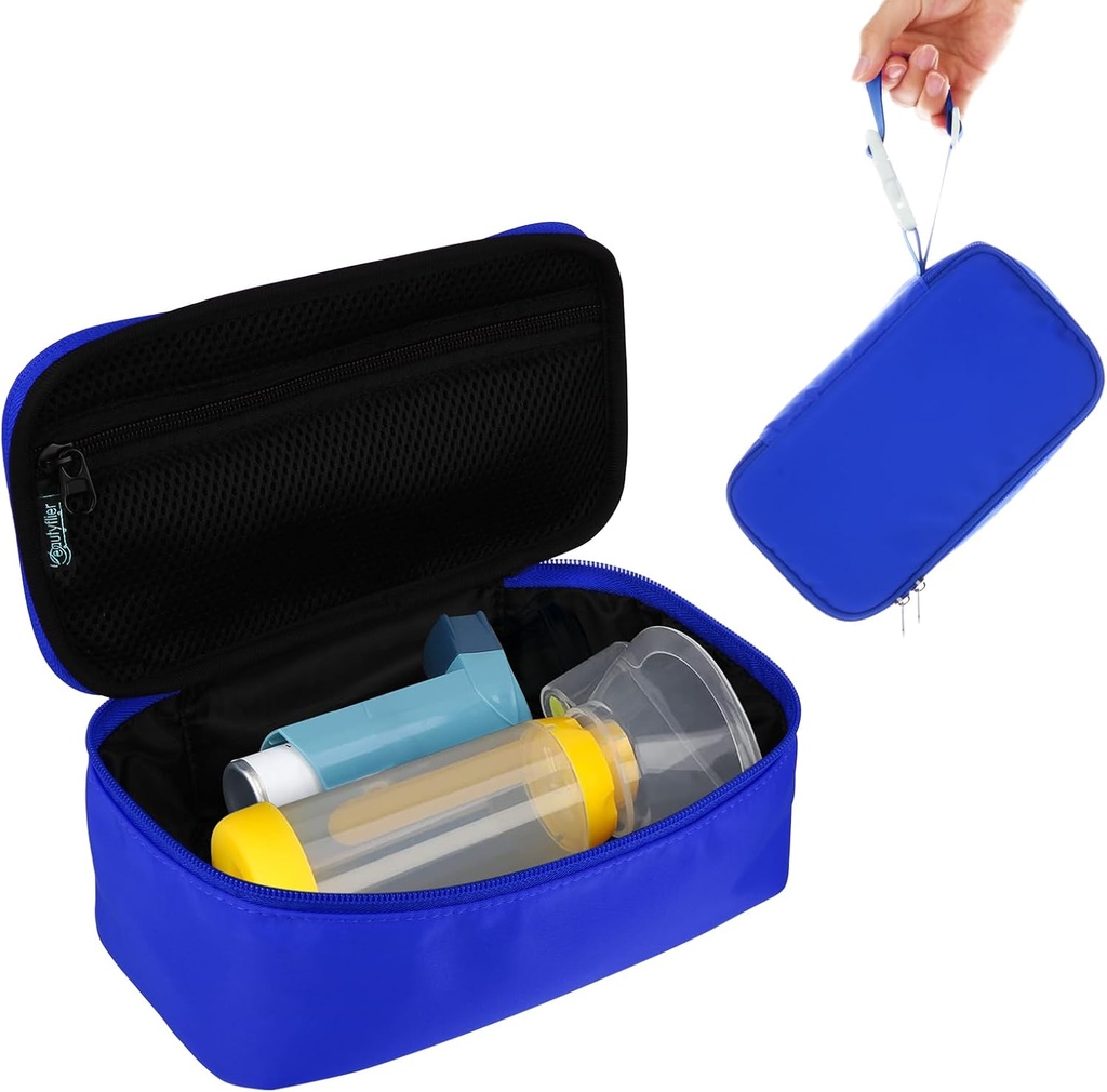 Beautyflier rejse carriing sag for Portable Nebulizer, Inhaler plads til børn og voksne, Inhaler Holder Asthma carriing taske med Mesh Pocket til medicin og andre essentials, Blå (sag kun)