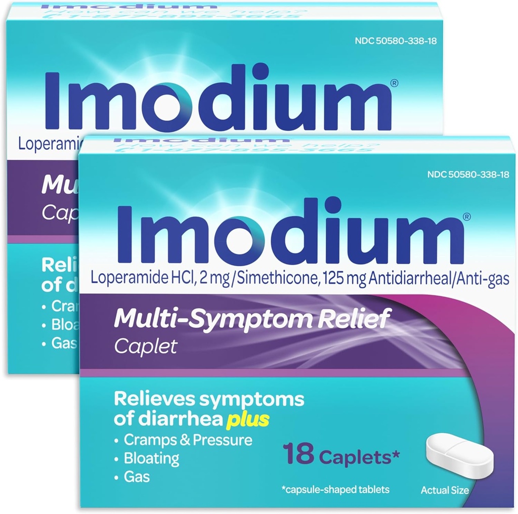 Imodium Multi- symptom Relief kapsler med Loperamid Hydroklorid og Simeticon, Anti- Diarrheal Medicin til behandling af diarré, gas, bloating, kramper & tryk, 2 pakker