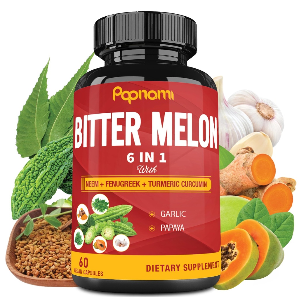 Organic Bitter Melon Extract Kapsler - 60 piller 2 måneder - Kombineret Neem, Bukkehorn, Curcumin, Hvidløg & Papaya