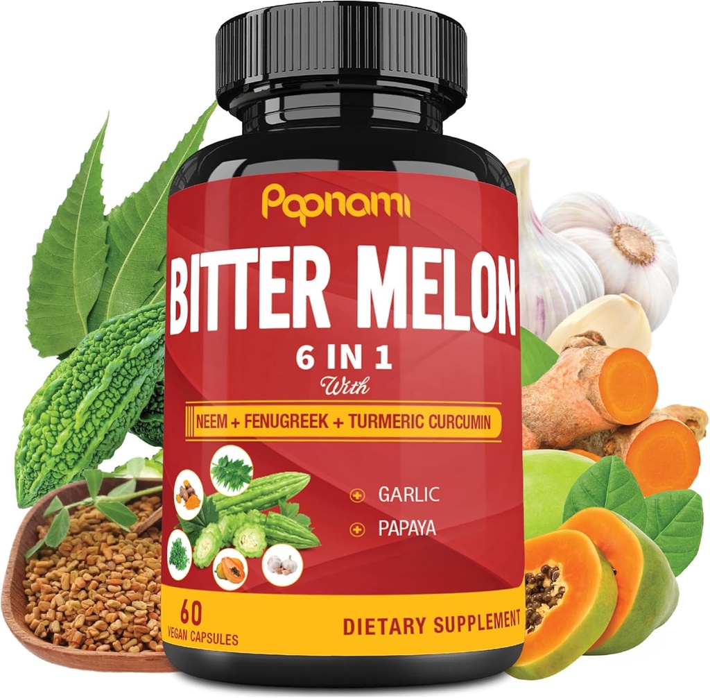 Organic Bitter Melon Extract Kapsler - 60 piller 2 måneder - Kombineret Neem, Bukkehorn, Curcumin, Hvidløg & Papaya